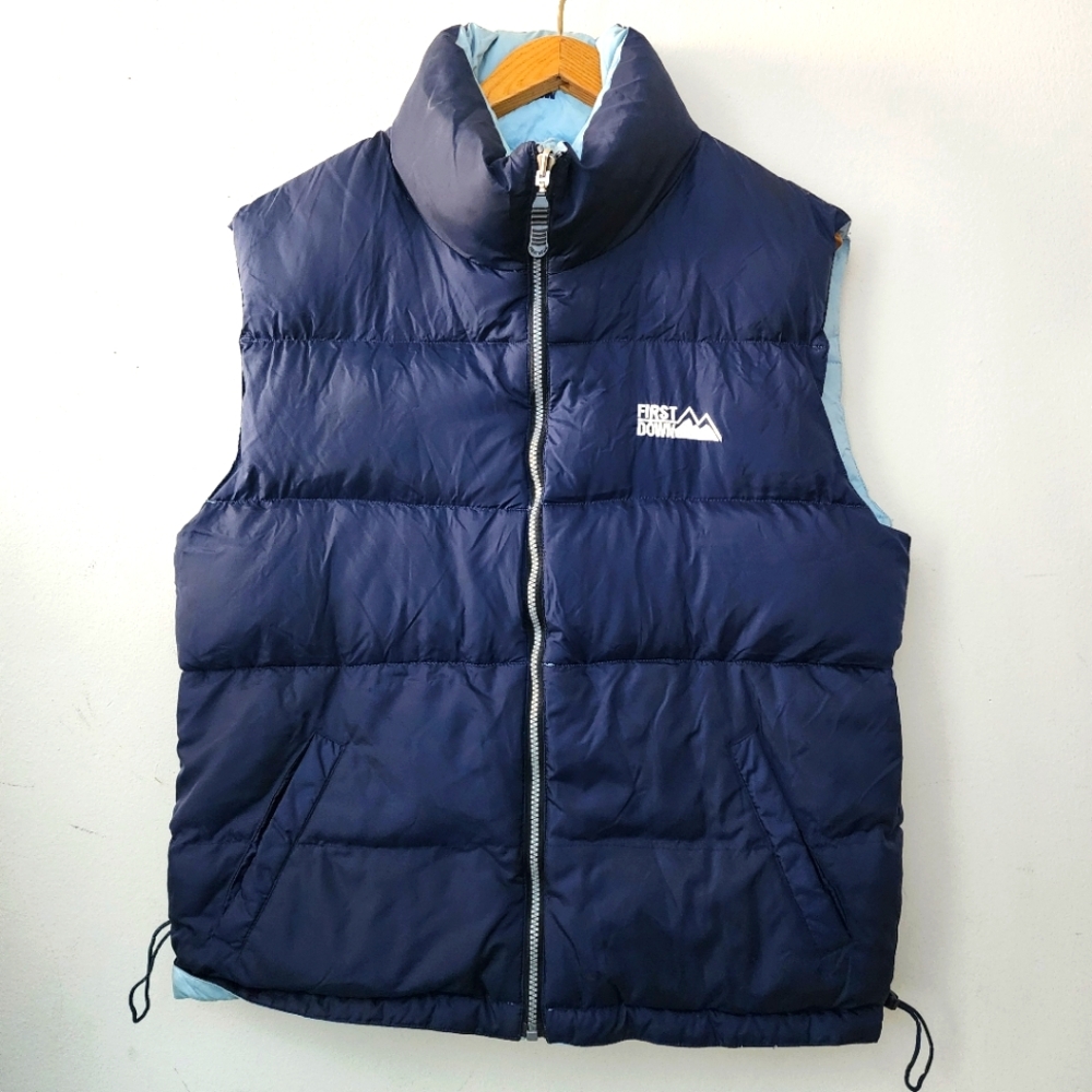 First Down Mens Puffer Jacket Vest Reversible Size Medium Down Insulated Navy